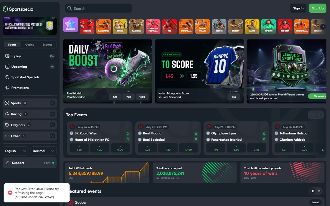 Sportsbet.io home page